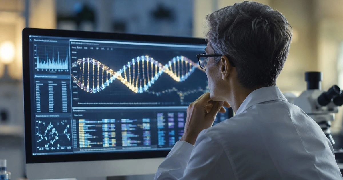 A close-up of a scientist or medical professional examining a DNA strand graphic on a digital screen, representing genetic research into childhood dementia causes
