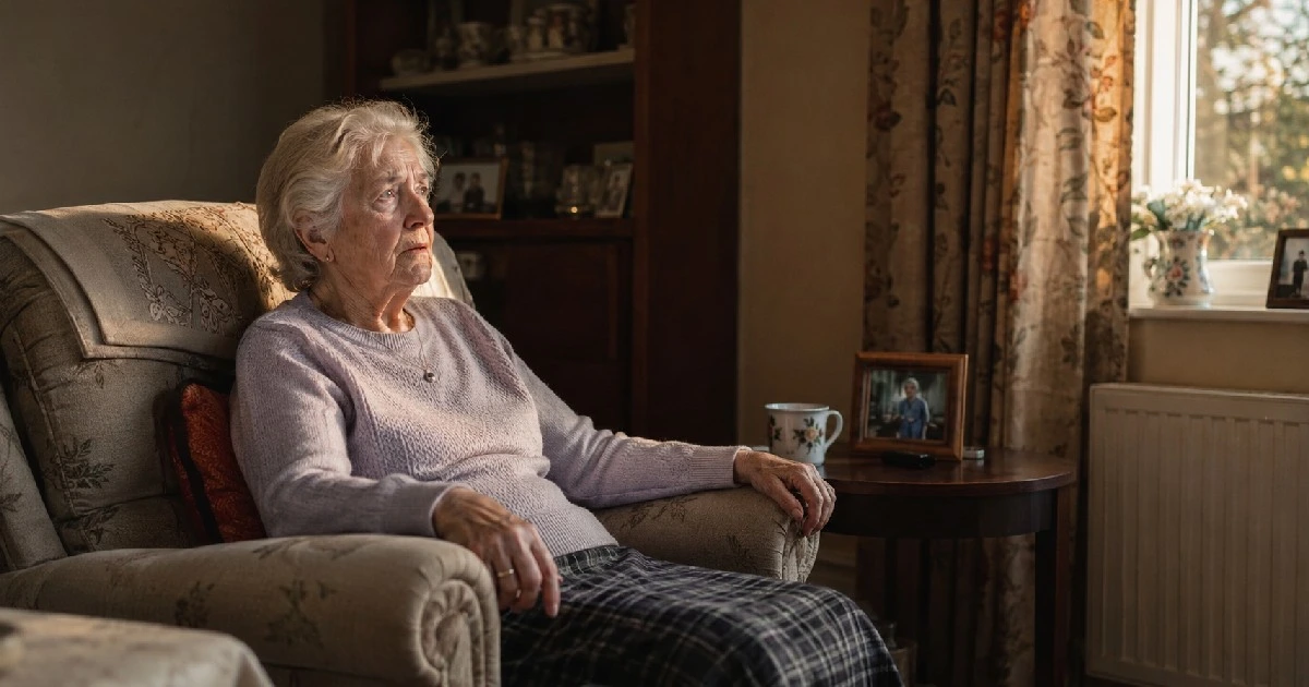 An older woman sitting in an armchair looking confused and anxious in late afternoon light, illustrating sundowning symptoms in someone living with dementia at home.