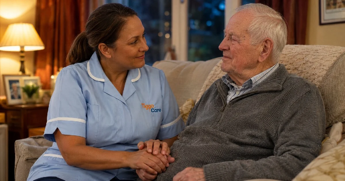 A female carer sitting calmly beside an elderly man on a sofa in the early evening, holding his hand and providing gentle reassurance, illustrating how to manage sundowning at home.