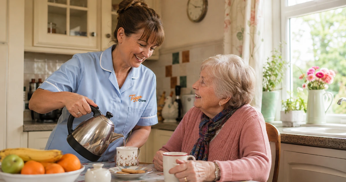Live-in carer preparing tea with an older person in their UK home