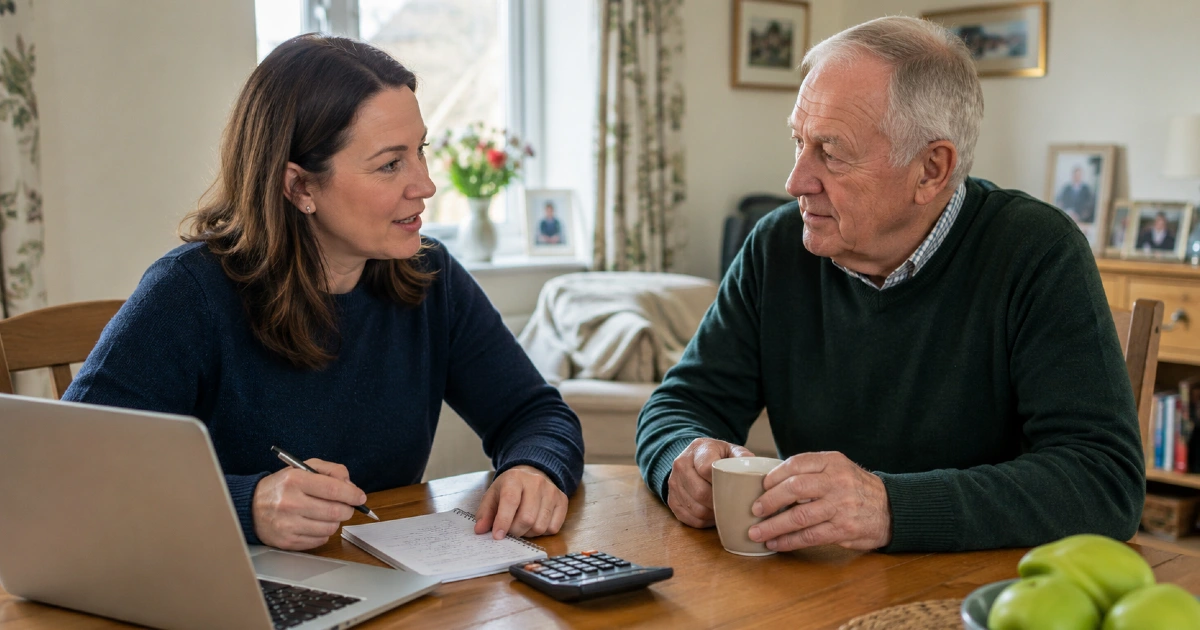 Adult daughter reviewing live-in care costs and funding options at home