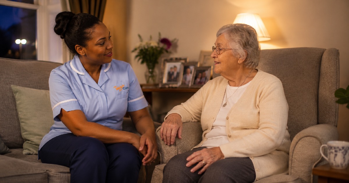 A carer providing overnight support to an elderly woman in her living room at home in the evening