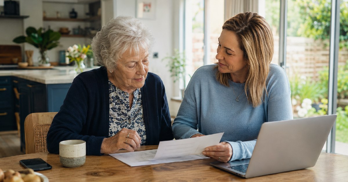 A family member discussing overnight care costs and funding options with an elderly relative at home