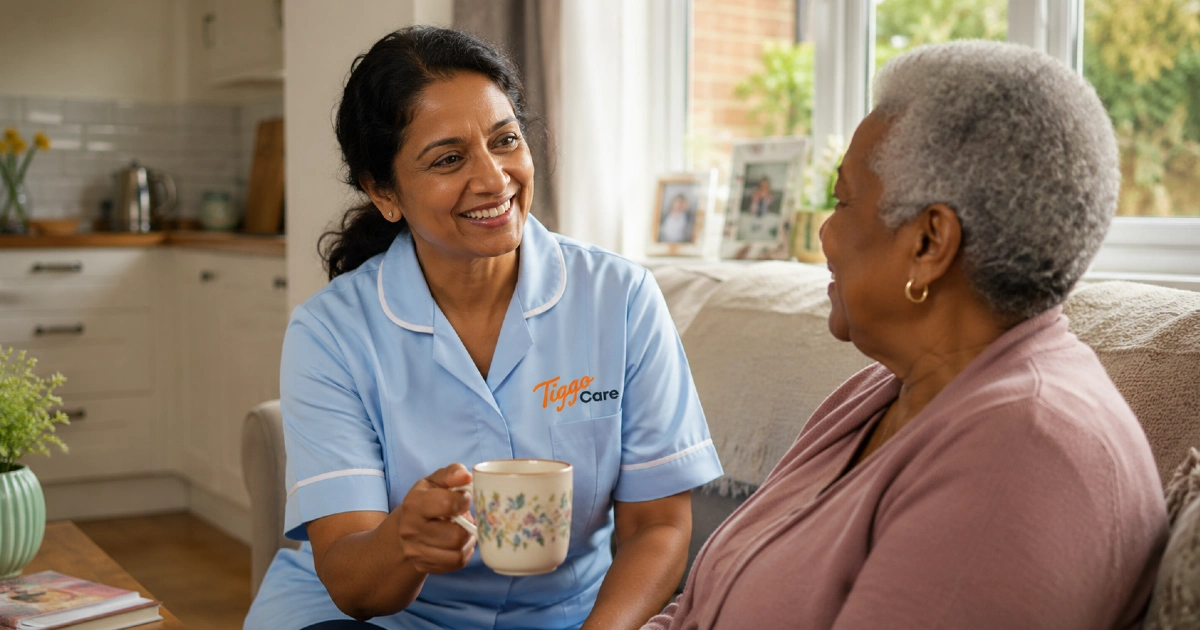 Professional home carer helping an older person with personal care in their own home