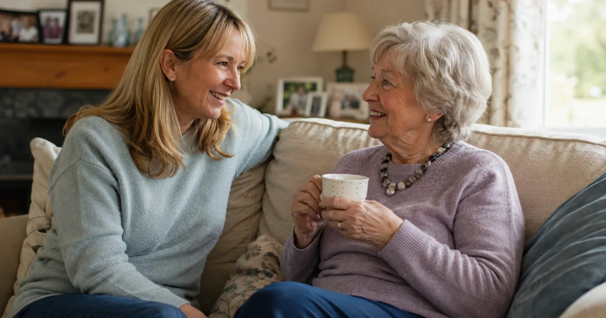 Adult daughter sitting with her mother at home, offering support and company.