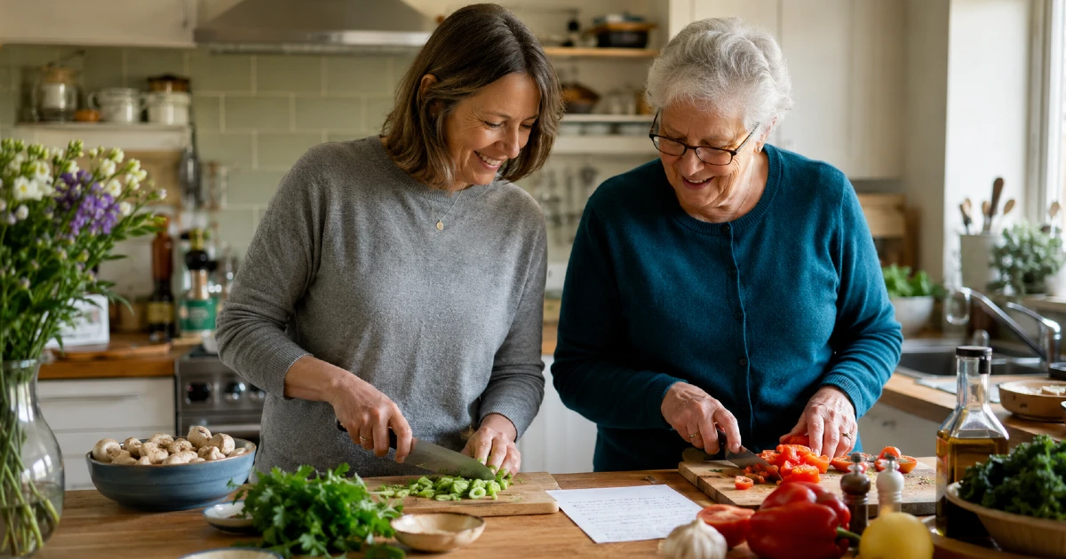Family member helping an older relative prepare a meal in the kitchen.
