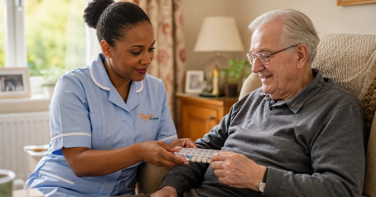 Home care assistant supporting an older man with his medication routine.