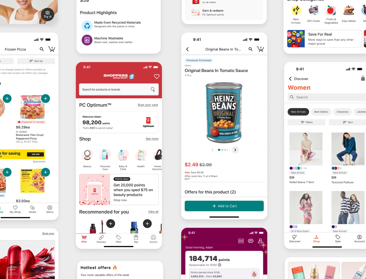 Phone screen showing a pickup store confirmation dialog. A dark grey map of downtown Toronto is in the with two store location pins to the left of the phone screen.