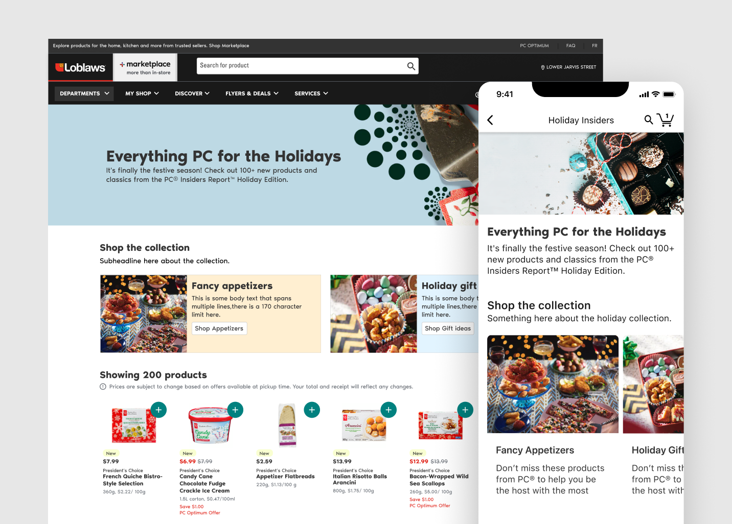 Examples of mobile designs for the noname website alongside famous noname product packaging for products like peanut butter and tomato sauce