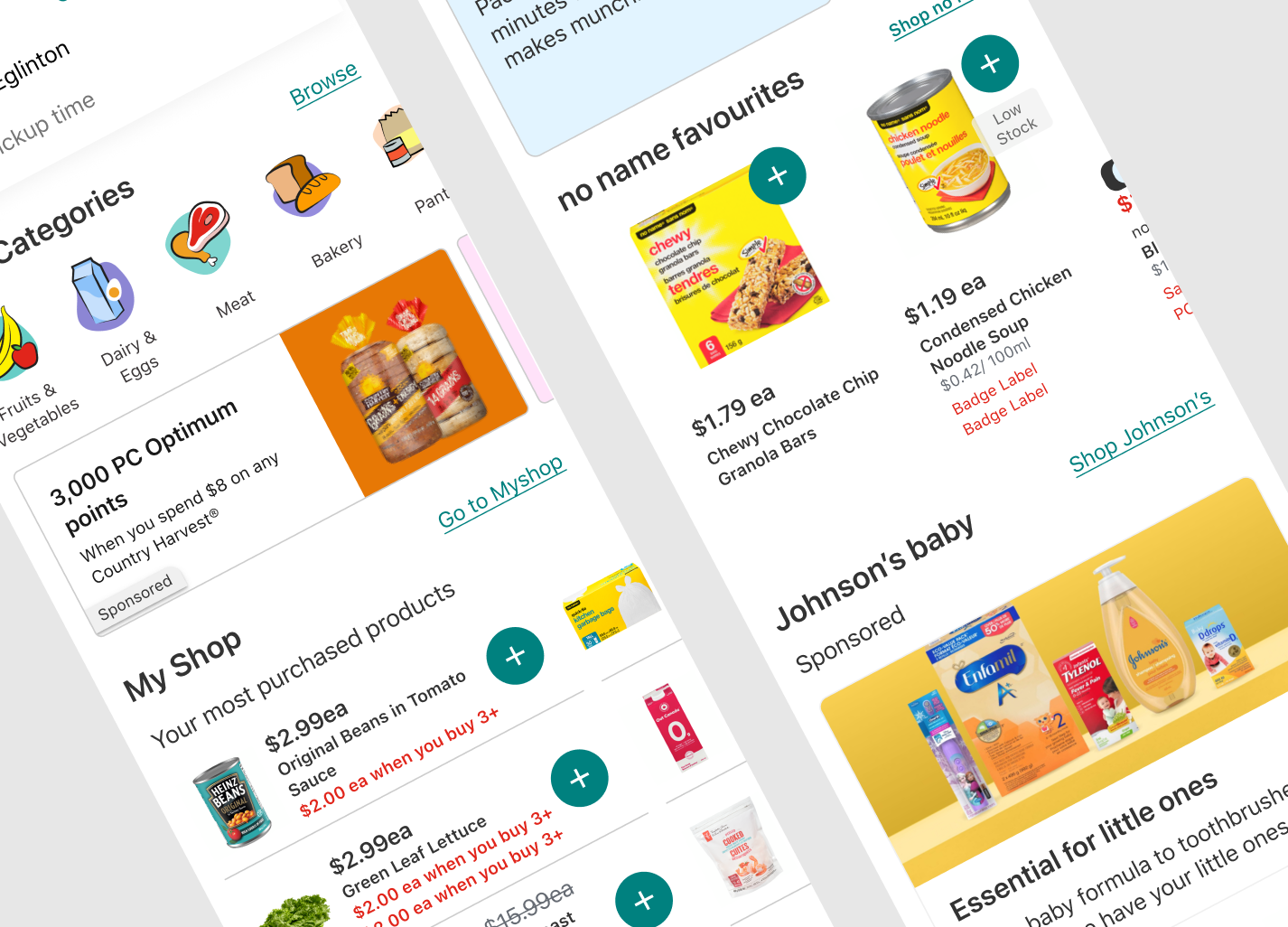 Examples of mobile designs for the noname website alongside famous noname product packaging for products like peanut butter and tomato sauce