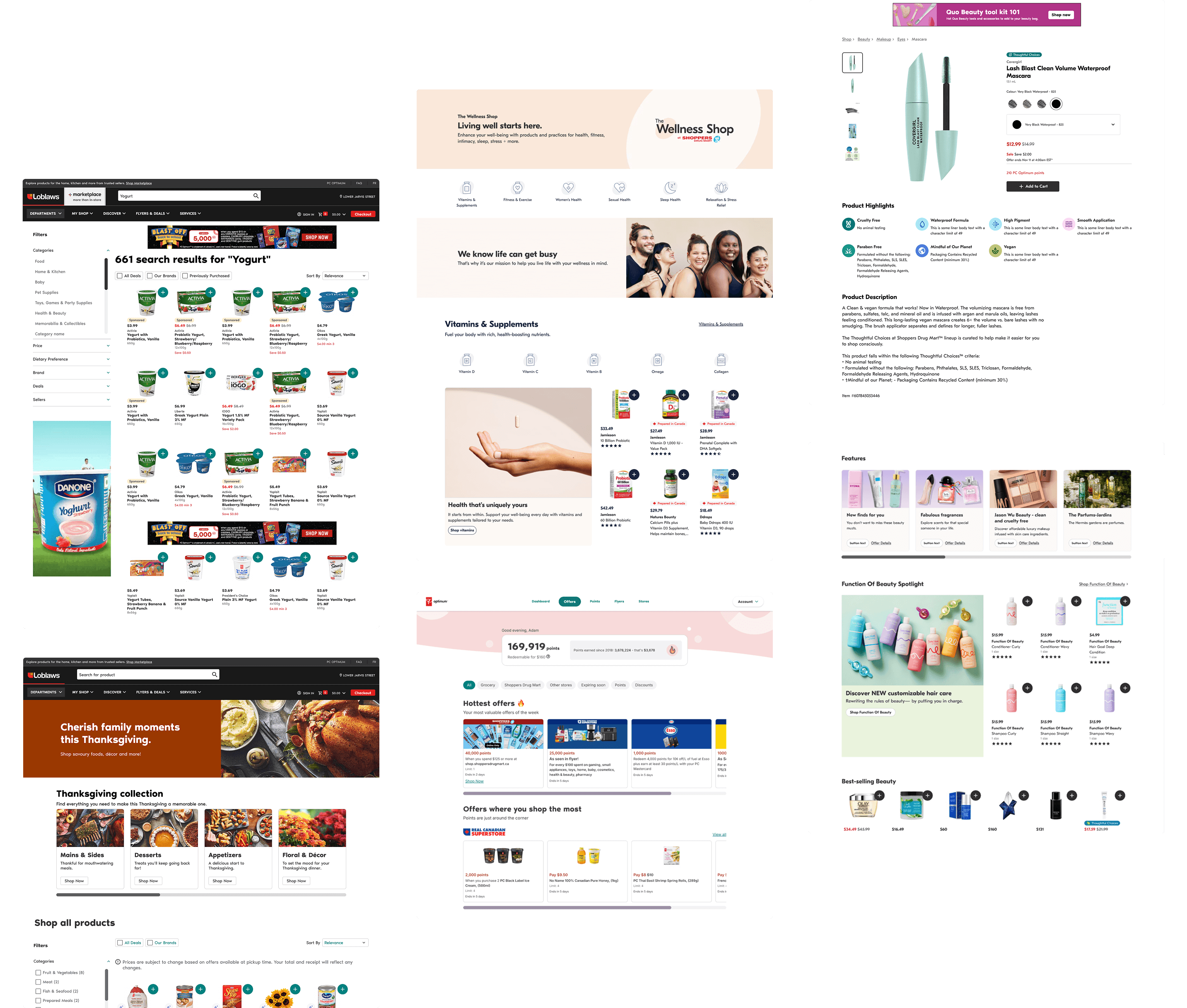 Examples of mobile designs for the noname website alongside famous noname product packaging for products like peanut butter and tomato sauce