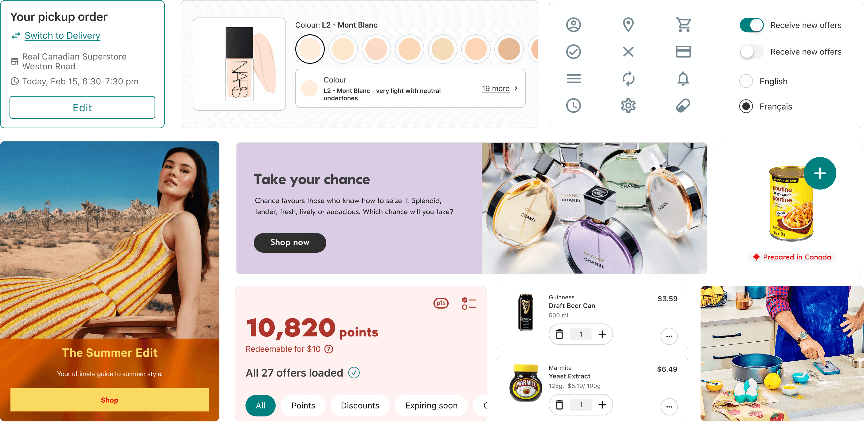 Examples of mobile designs for the noname website alongside famous noname product packaging for products like peanut butter and tomato sauce