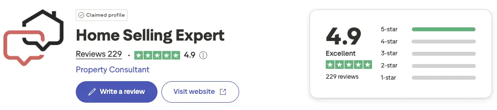 Screenshot of Home Selling Expert on Trustpilot - 4.9 average rating from 229 reviews.