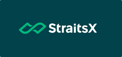 StraitsX logo with two interlinked shapes to the left of the text on a dark teal background.