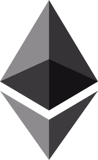 Ethereum logo with a faceted diamond shape divided into four triangular sections in varying shades of gray.