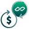 Speech bubble with infinity symbol connected to a globe with a dollar sign.