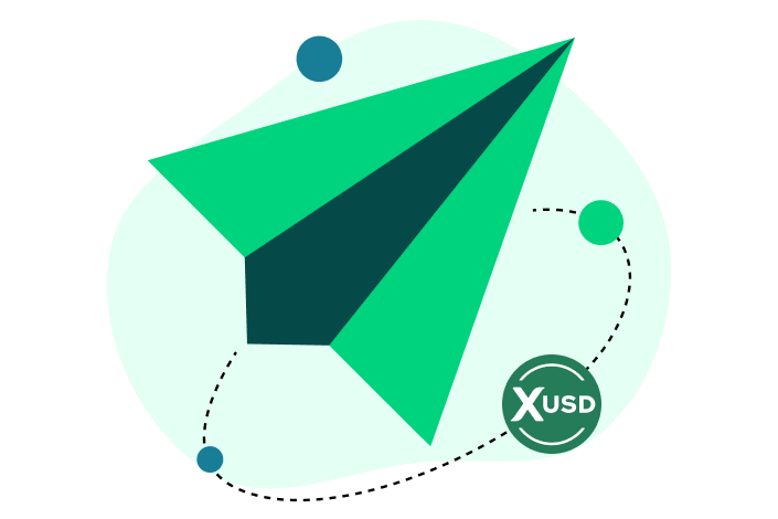 Green paper airplane flying with dotted path surrounding XUSD coin icons on a light green abstract background.