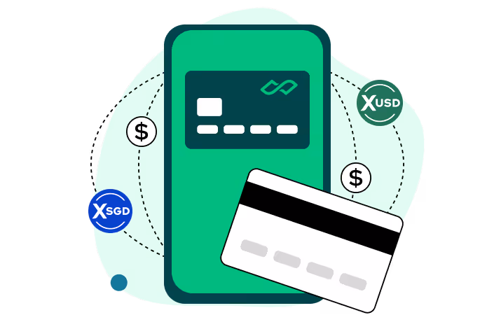 Illustration of a smartphone displaying a green credit card, a white credit card in front, and currency symbols including SGD and USD.