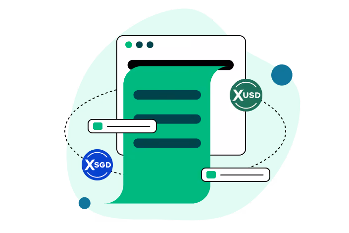 Illustration of a digital web page with flowing green text and icons representing stablecoins XSGD and XUSD connected by dotted circular lines.
