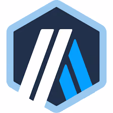 Arbitrum logo with white and blue stylized letter A inside a hexagon.