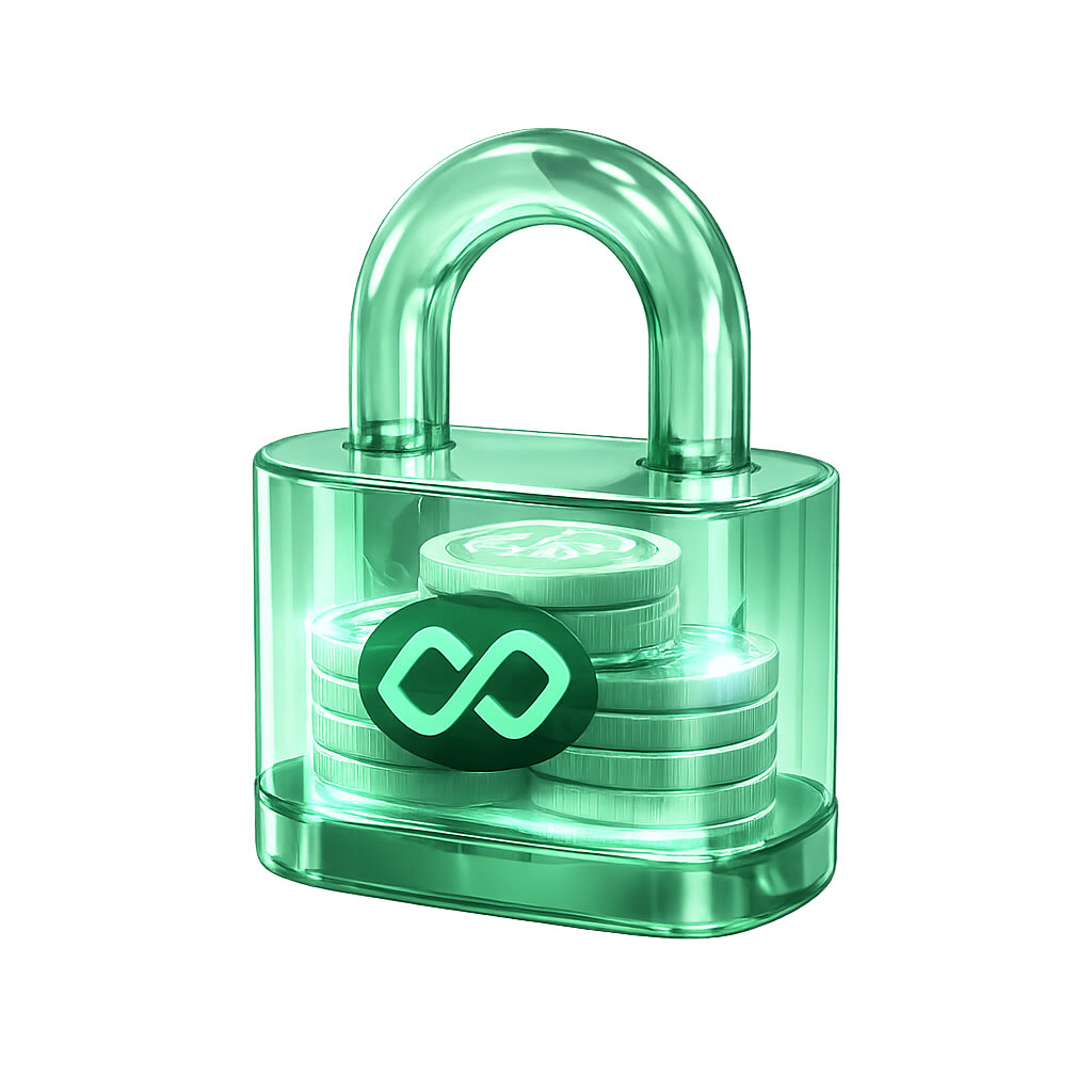 Transparent green padlock enclosing a stack of coins with a Polygon cryptocurrency logo on them.