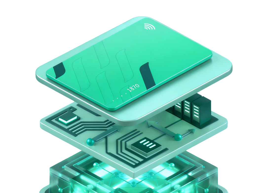 3D illustration of three stacked layers representing digital technology: top layer as a green card with wireless symbol and numbers, middle layer as a circuit board with lines, arrows and components, bottom layer glowing with network nodes connected by lines.