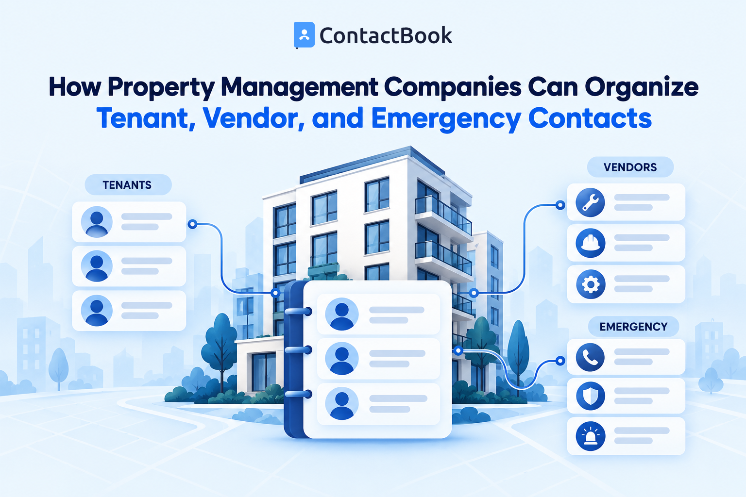 Property management contact directory connecting an apartment building with organized tenant, vendor and emergency contact groups