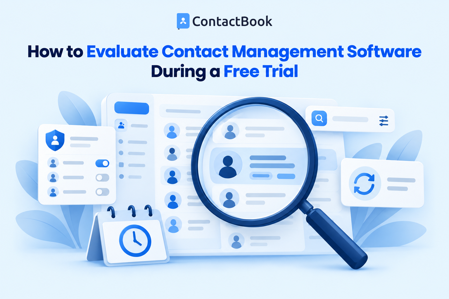 Magnifying glass evaluating a contact management workspace with contact records, permissions, search, synchronization and a free-trial calendar