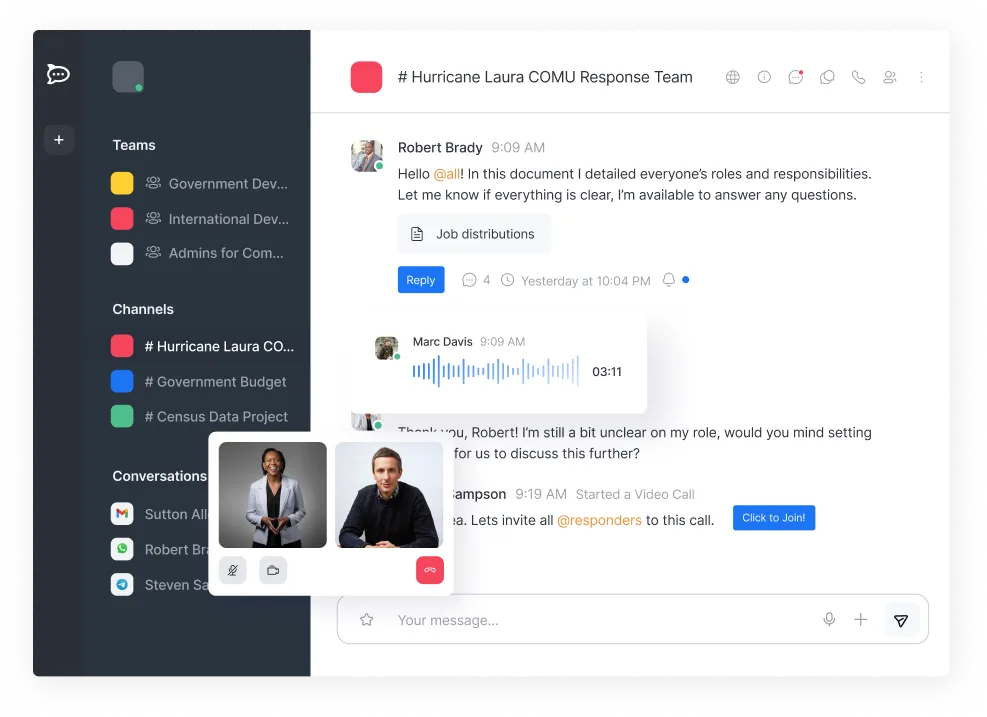 Interface of a team collaboration app showing a chat thread for the Hurricane Laura COMU Response Team with messages, voice message, and an ongoing video call between two people.