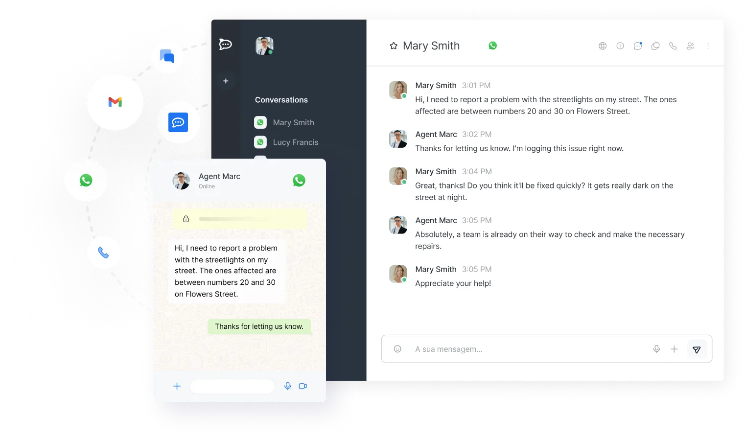 Customer support chat interface showing a conversation about reporting streetlight problems on Flowers Street between Mary Smith and Agent Marc.