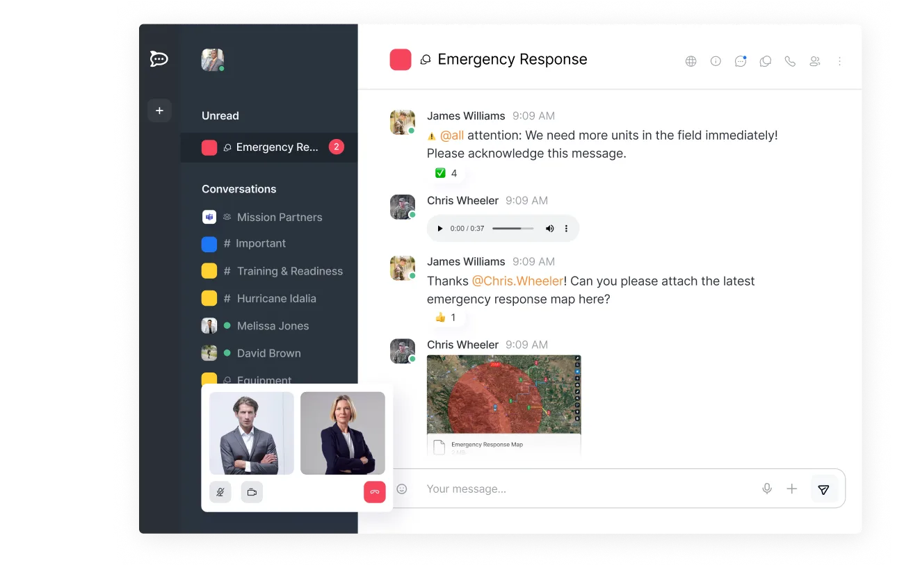 Chat interface with Emergency Response conversation showing messages about urgent units needed, a voice message, and an emergency response map attachment; video call window with two participants is visible.