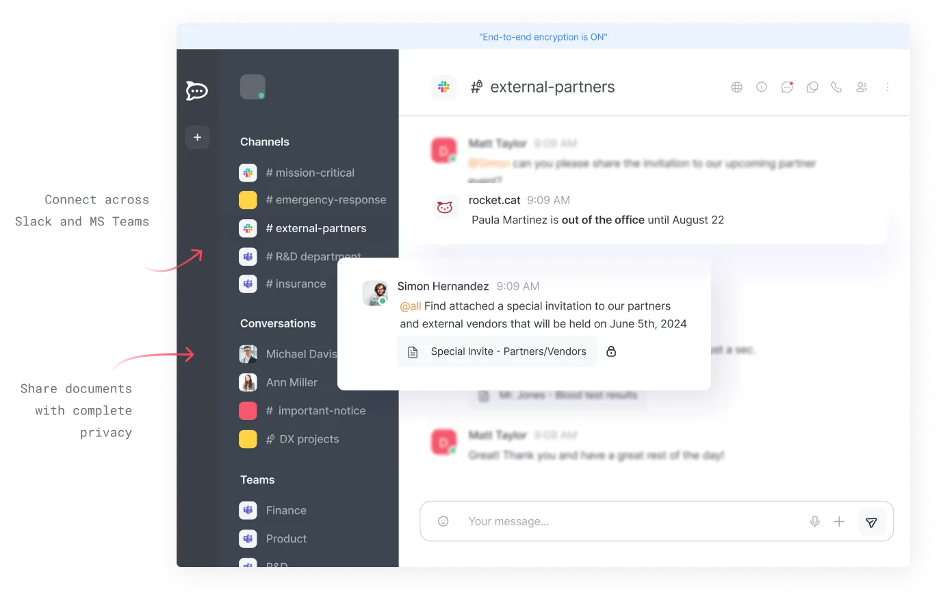 Slack interface showing the external-partners channel with a pinned message about a special invitation for partners and vendors on June 5th, 2024, and notifications that Paula Martinez is out of office until August 22.