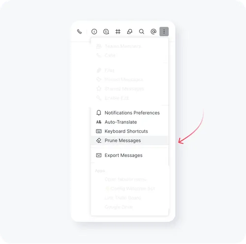 Dropdown-Menü einer Messaging-App mit Optionen wie Benachrichtigungseinstellungen, Automatische Übersetzung, Tastaturkürzel, Nachrichten löschen und Nachrichten exportieren.