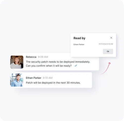 Chat-Nachrichten zwischen Rebecca und Ethan Parker, in denen sie über die sofortige Bereitstellung eines Sicherheitspatches sprechen, mit einem Popup-Fenster, das anzeigt, dass die Nachricht von Ethan Parker am 11.01.2024 um 9:10 Uhr gelesen wurde.