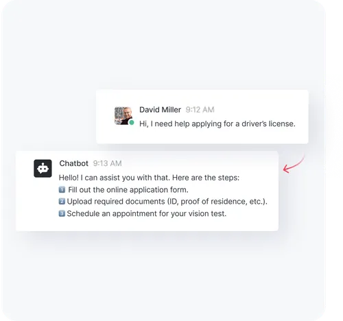 Conversación de chat en la que David Miller pide ayuda para solicitar el permiso de conducir y un chatbot le responde con tres pasos: rellenar un formulario en línea, subir los documentos y programar una prueba de visión.