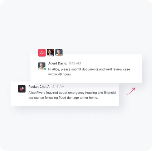 Conversación de chat en la que el agente David solicita a Alice que envíe documentos para la revisión del caso, y Rocket.Chat AI toma nota de la consulta de Alice sobre alojamiento de emergencia y ayuda económica tras los daños causados por las inundaciones.
