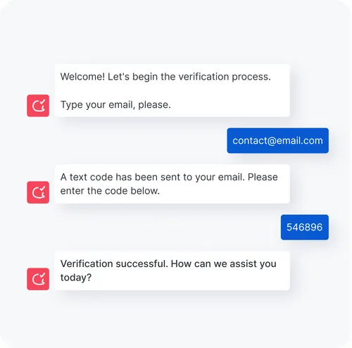Interfaz de chat que muestra un proceso de verificación con indicaciones para introducir el correo electrónico y el código, seguido de un mensaje de verificación correcta.