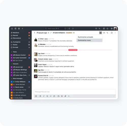 Chat application interface showing messages from a secure operations team about sector updates and delays due to weather, with a sidebar listing teams and direct messages.