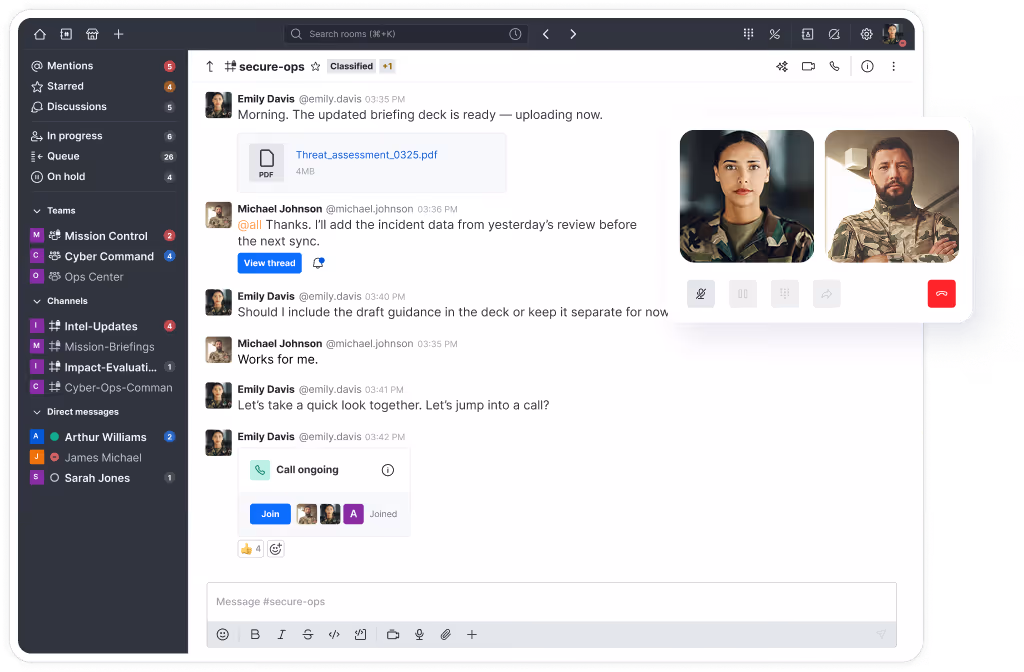 Screenshot of a team chat in the secure-ops channel with messages about briefing deck updates and an ongoing video call showing two people in military attire.