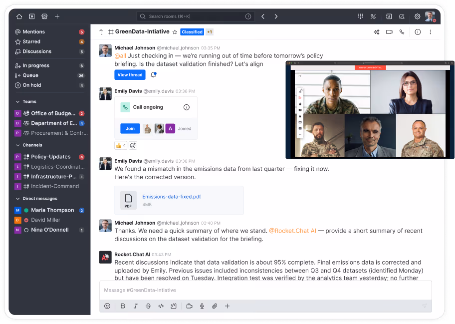 Interface d'application de messagerie avec conversation sur la validation des données d'émissions, affichant les canaux de l'équipe, les messages directs et un appel vidéo avec six participants.