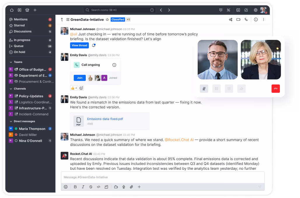 Screenshot of a team chat app showing a discussion on emissions data validation, a PDF attachment, and an ongoing video call with two participants.