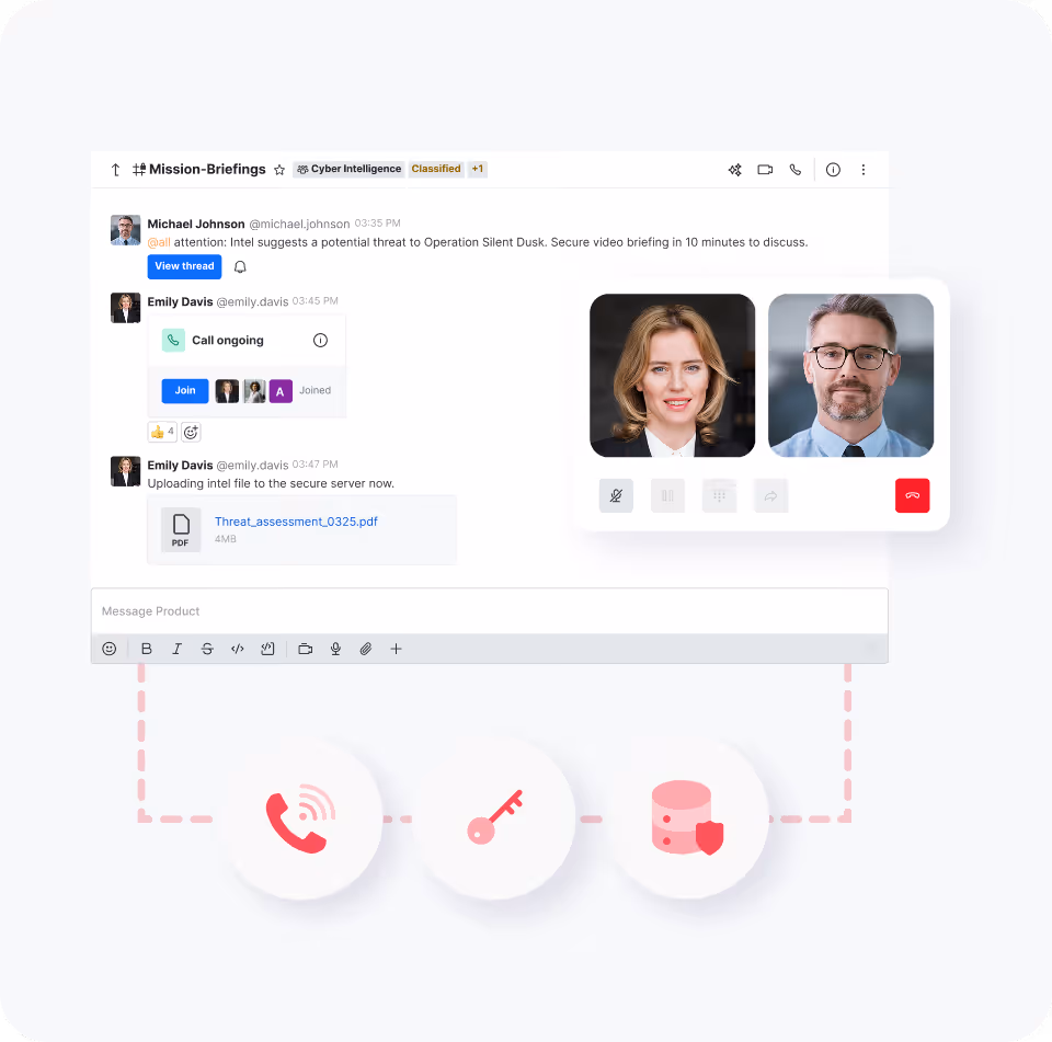 Secure mission briefing chat interface showing messages discussing a potential threat, an ongoing call with video thumbnails of two participants, and a PDF file upload labeled Threat assessment.