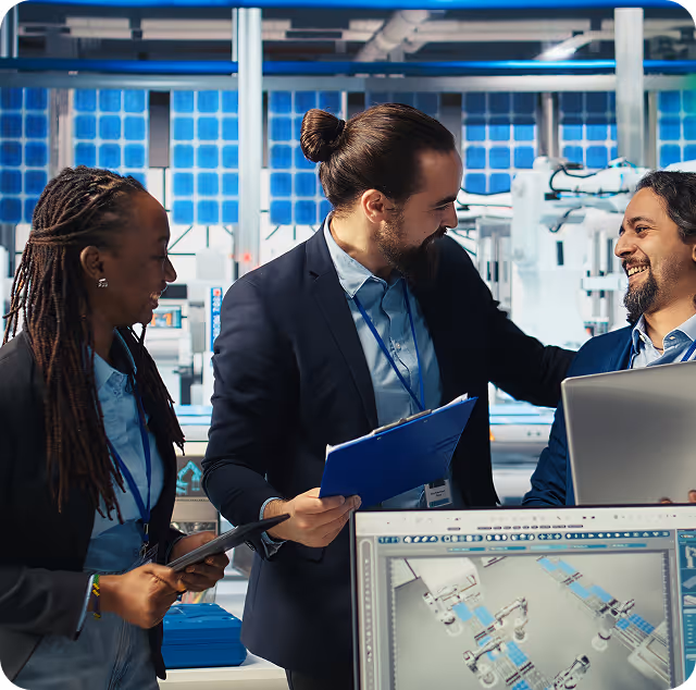Three engineers in professional attire discussing work near computer screens showing robotic arm designs in a modern industrial workspace.