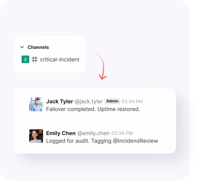 Chat channel named critical-incident with messages from Jack Tyler stating failover completed and Emily Chen logging audit and tagging incident review.