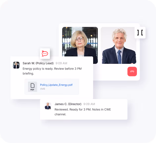 Video call interface showing a woman and a man in business attire with chat messages about energy policy review and a PDF attachment.