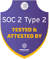 Emblema circular roxo com o texto SOC 2 Tipo 2 Testado e Certificado pela A-LIGN Assinatura do presidente e CEO.