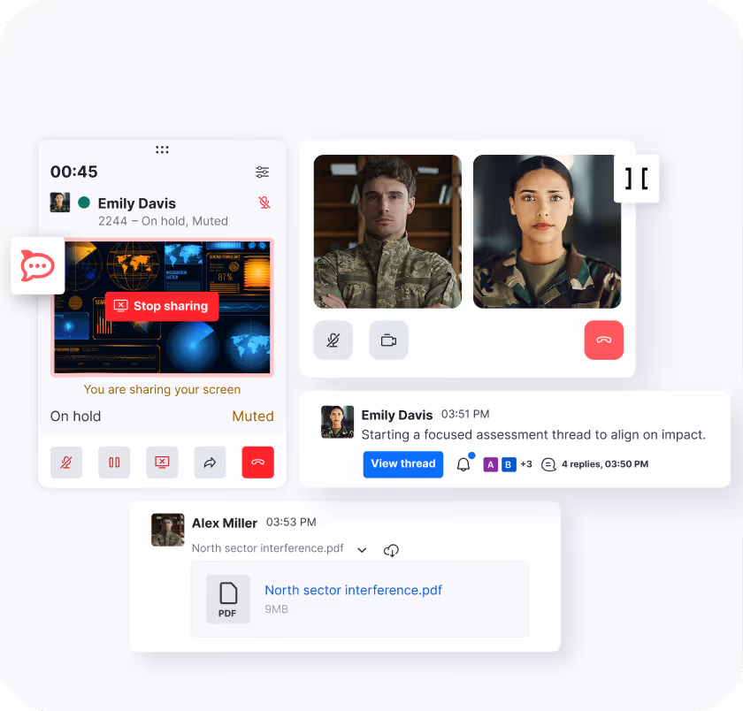 Video call interface showing two military personnel, screen sharing, chat messages, and a PDF file shared.