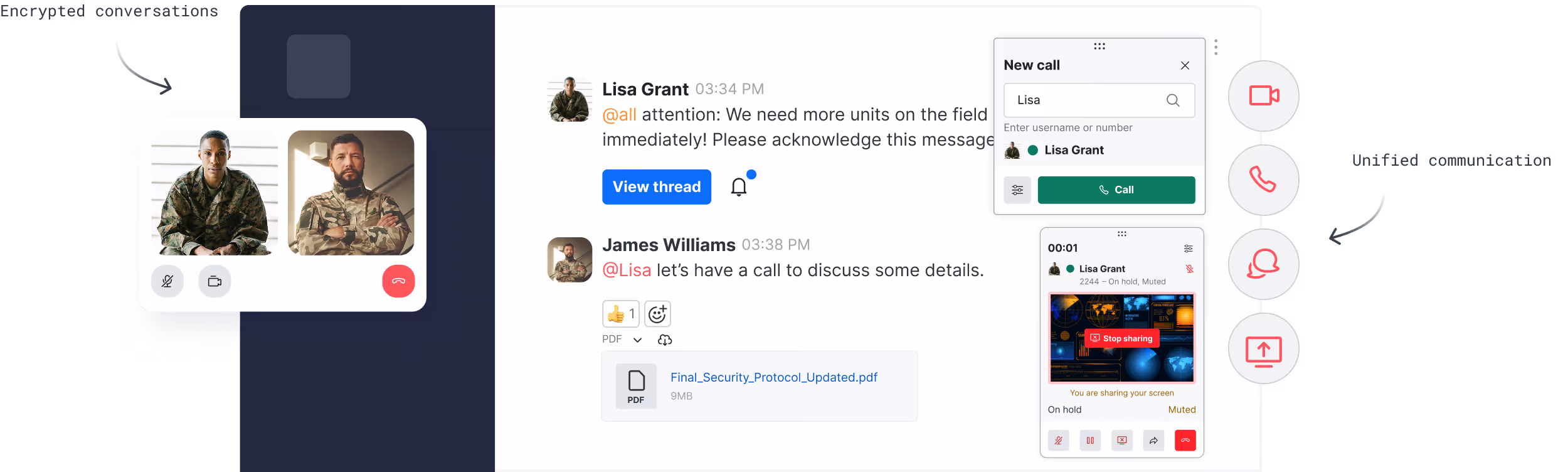Military communication app showing encrypted video call, chat messages, file sharing, and call controls.