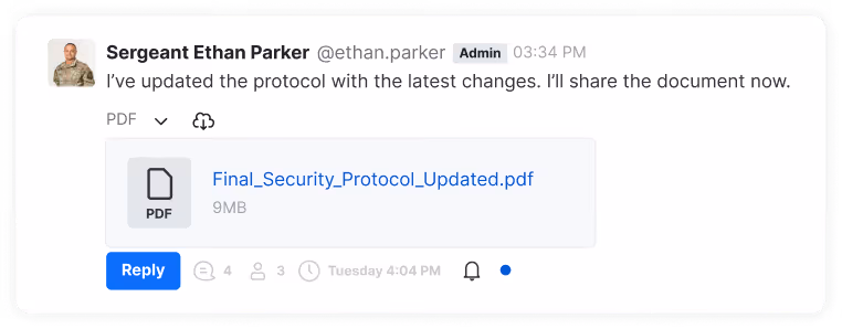 Message from Sergeant Ethan Parker sharing updated protocol PDF with download link and reply option.