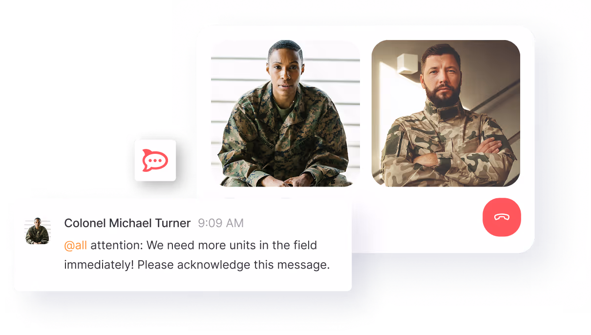 Two soldiers in camouflage on a video call with a message requesting more units in the field immediately.